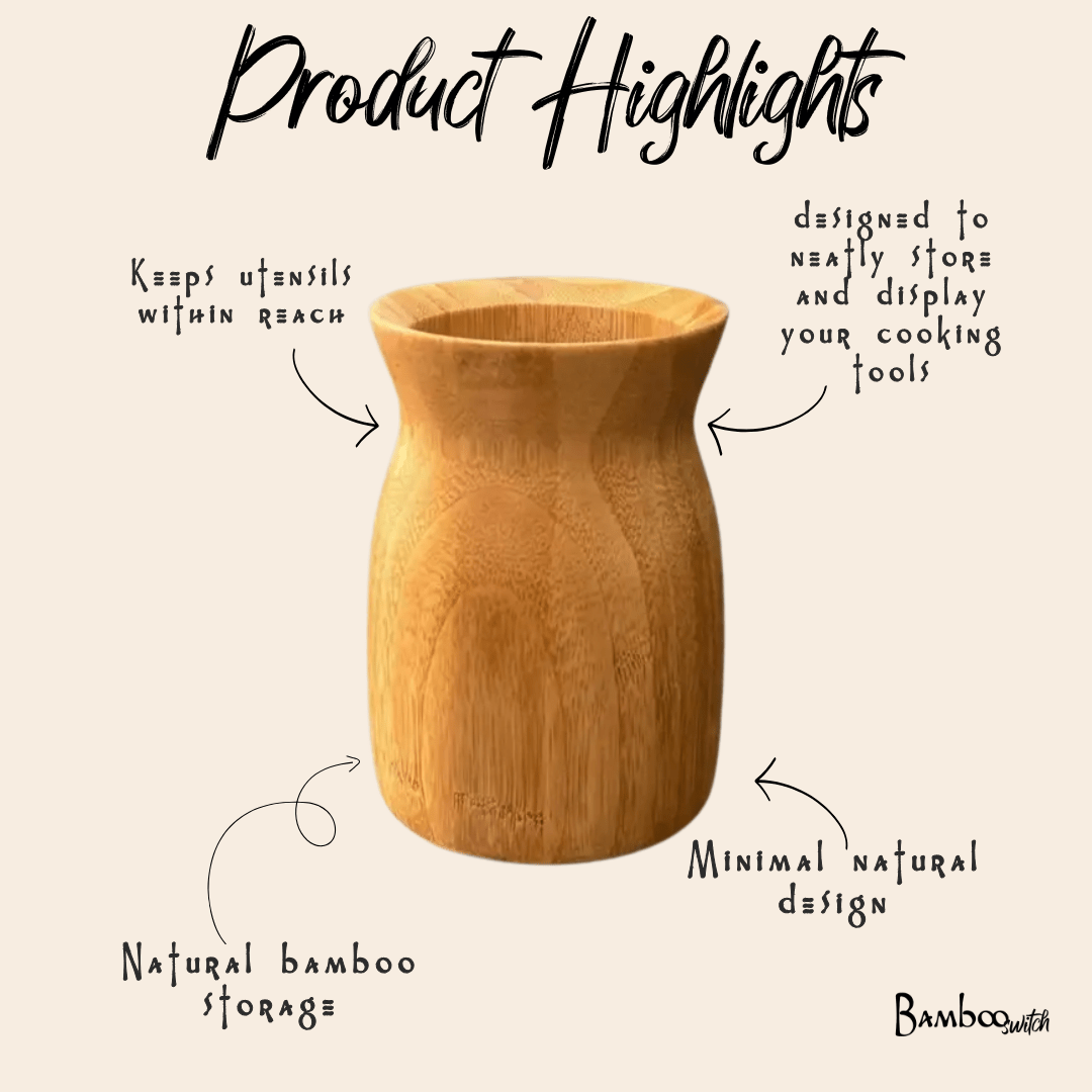 Bamboo Utensil Holder styled in a kitchen setting