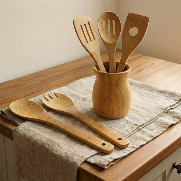 Close-up view of the Bamboo Utensil Holder's bamboo material