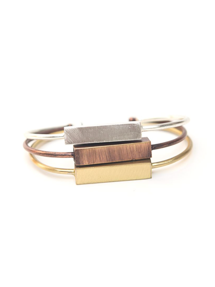 Bar Brushed Metal Cuffs in copper, brass, and silver finishes side by side — Fair Anita fair trade jewellery