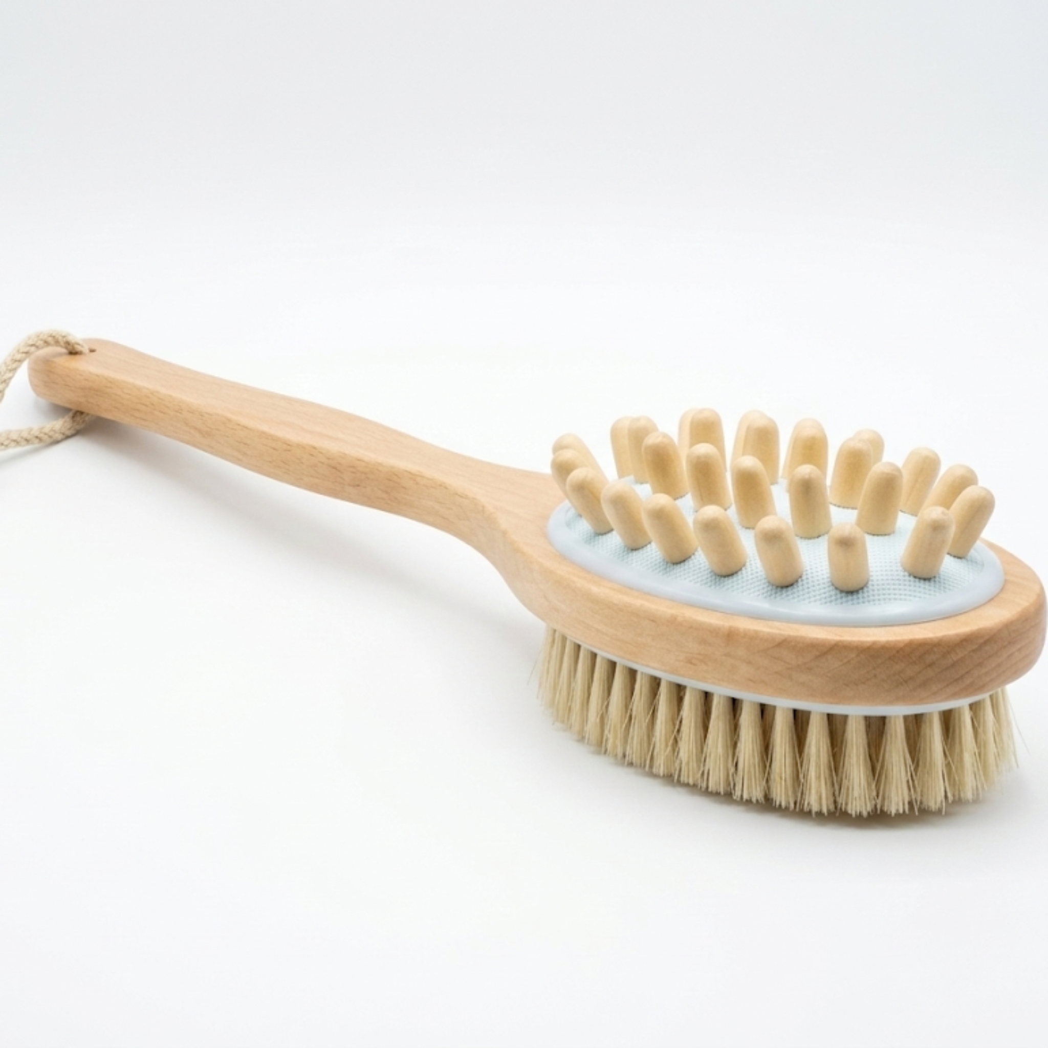 Natural boar bristle wooden bath and body brush with long handle for back scrubbing and massage
