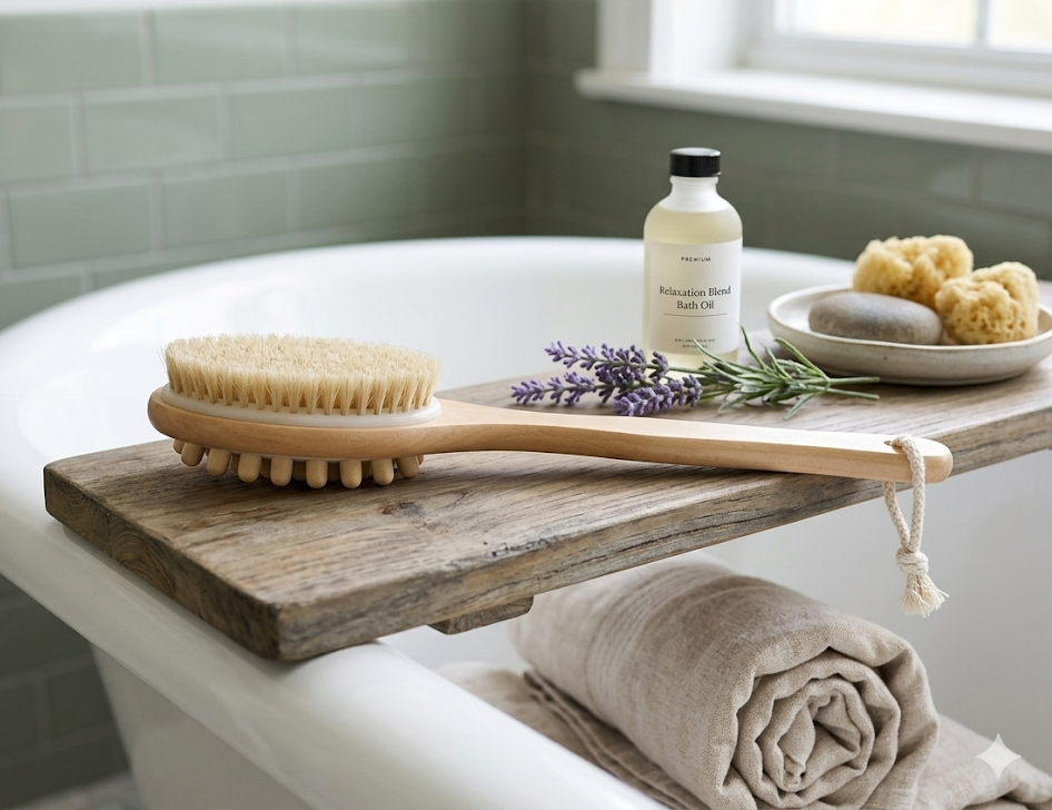 BeNat wooden bath brush lifestyle shot in bathroom setting
