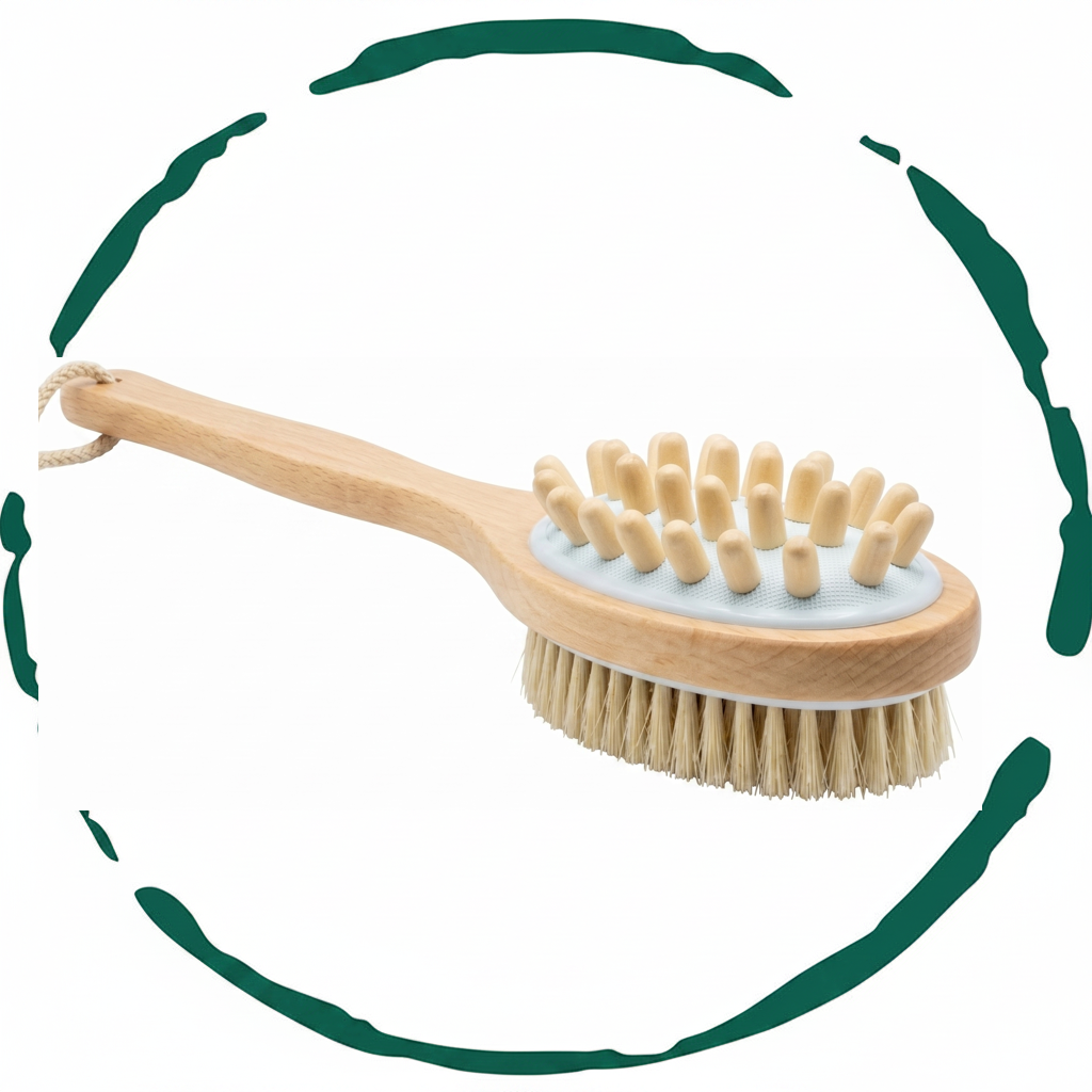 BeNat natural boar bristle wooden bath and body massage brush with long handle on white background