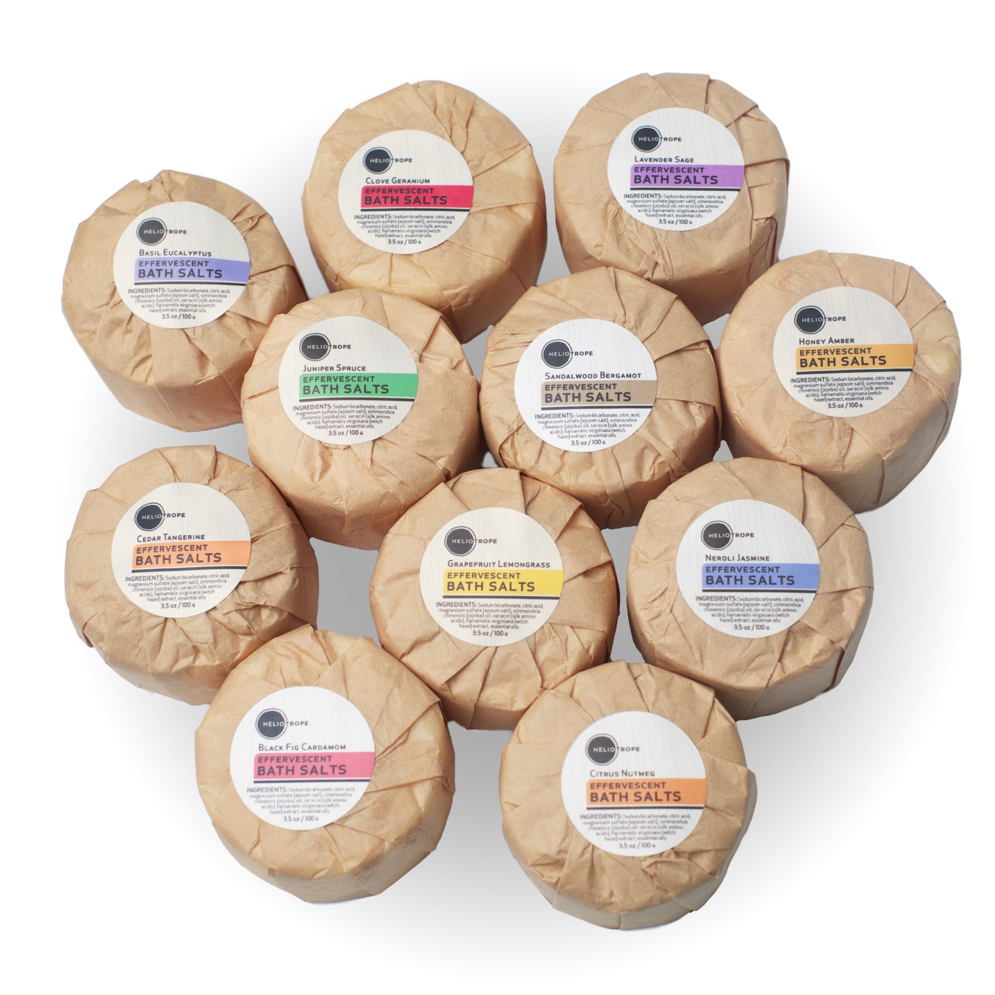Collection of Heliotrope San Francisco bath fizzies in assorted essential oil blends