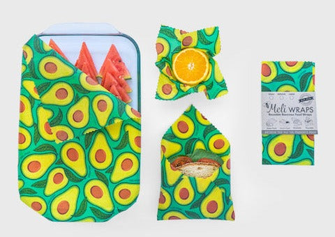 Avocado-patterned wraps with a small box labeled 'Mehu Wraps' on a white background