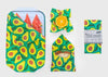 Avocado-patterned wraps with a small box labeled 'Mehu Wraps' on a white background