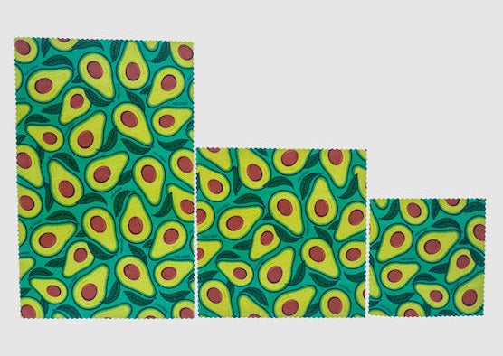 Avocado patterned fabric swatches on a white background