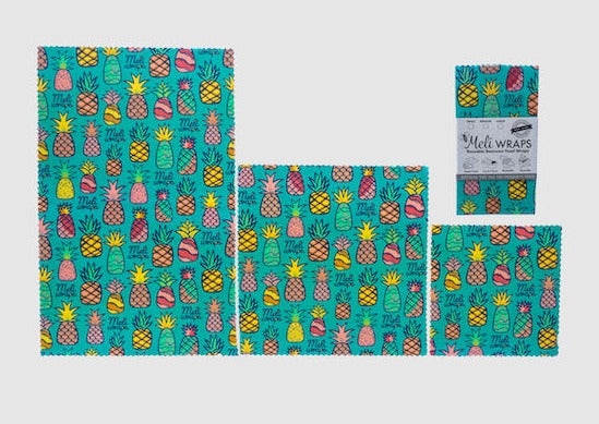 Label detail on Meli Wraps Pineapple Print beeswax food wrap packaging