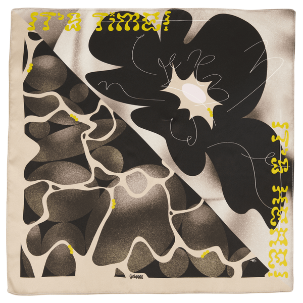 Below 18-inch mulberry silk furoshiki gift wrap by artist Essery Waller, featuring the Le Gasp springtime botanical print by Wrappr