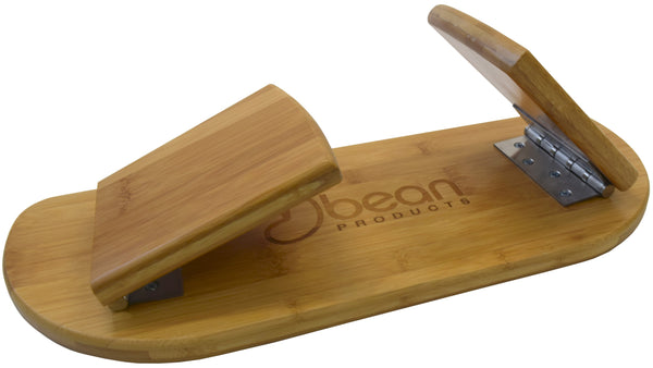 Wooden sandal with a hinge mechanism on a white background, branded 'Obean Products'.