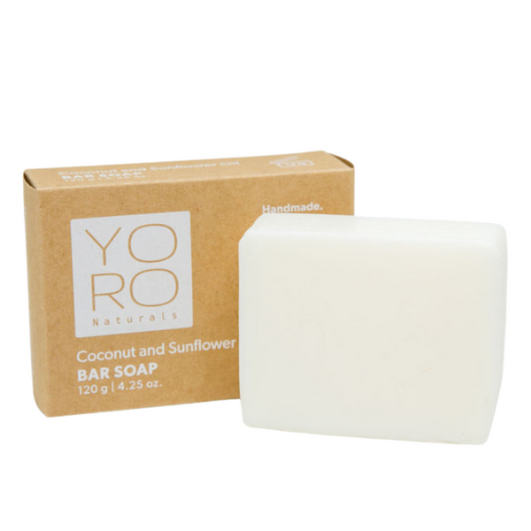 YORO coconut and sunflower hair soap with packaging on a white background. 3-ingredient natural soap bar with coconut oil, shea butter & sunflower oil — dermatologist approved for eczema, psoriasis & sensitive skin. Safe for babies. Shop now.