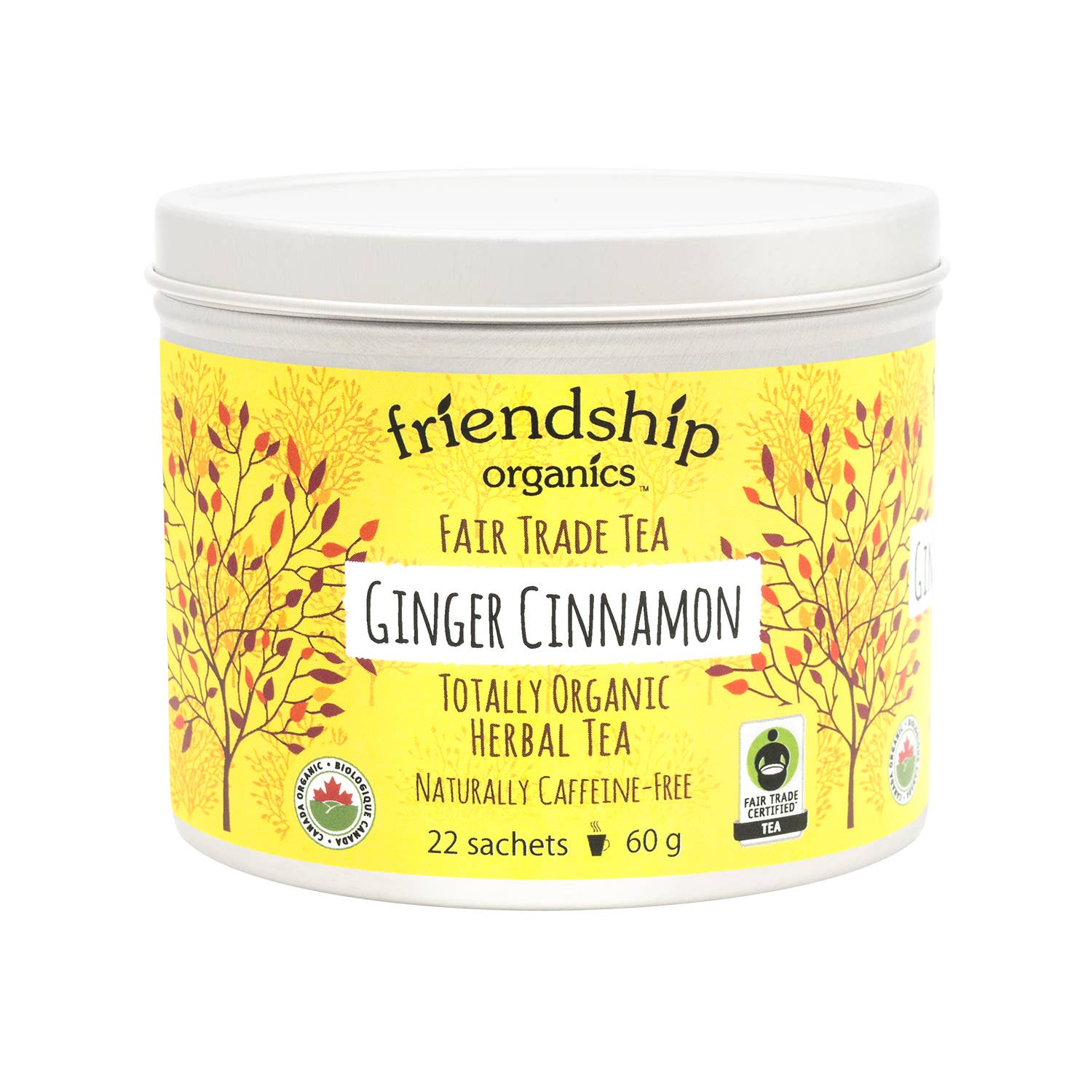 Jar of friendship organics Ginger Cinnamon tea on a white background