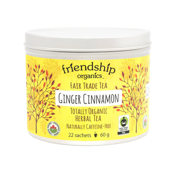 Jar of friendship organics Ginger Cinnamon tea on a white background