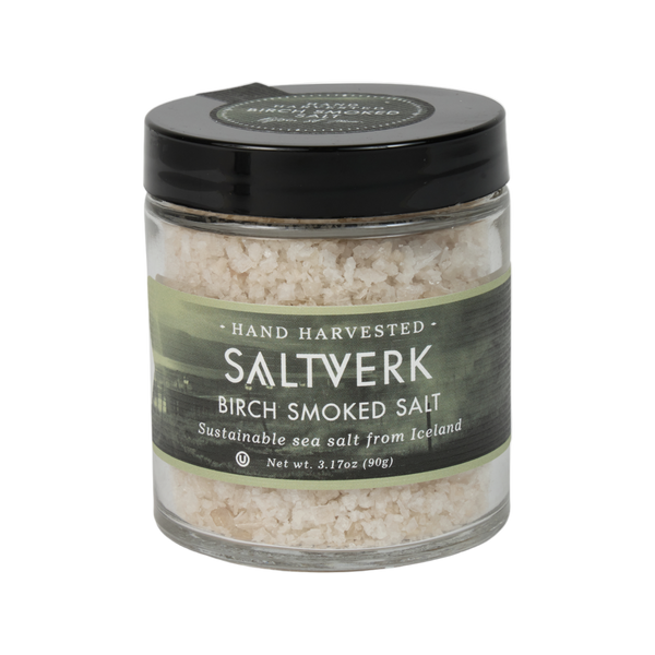 Jar of Saltverk Birch Smoked Salt on a white background