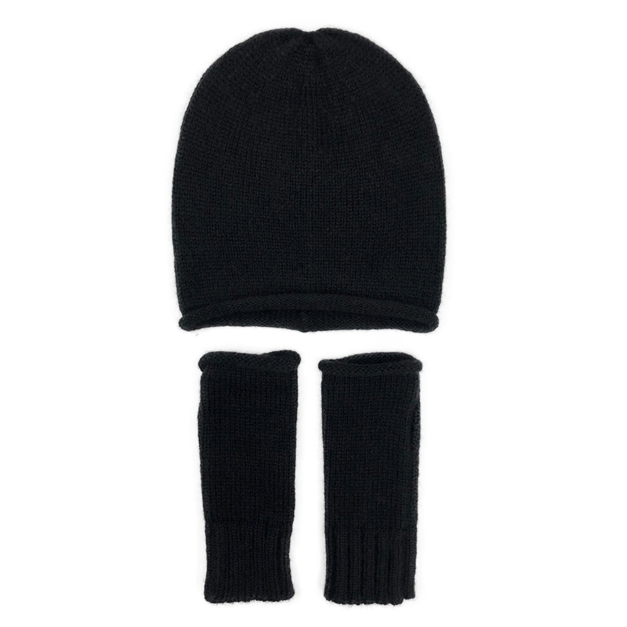 Black knit beanie and fingerless gloves set on a white background