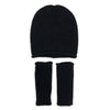 Black knit beanie and fingerless gloves set on a white background