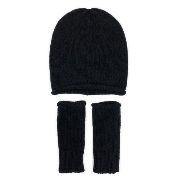 Black knit beanie and fingerless gloves set on a white background