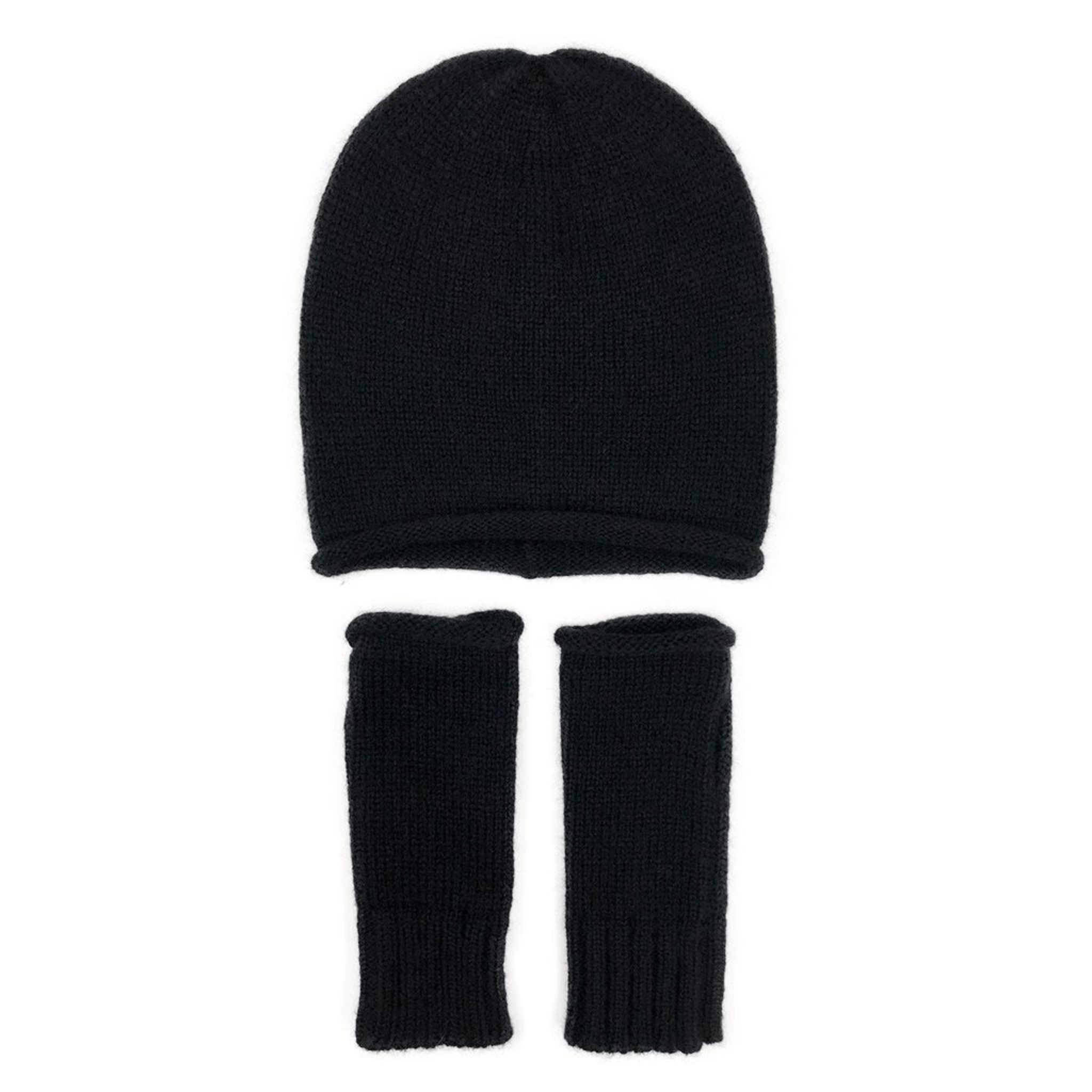 Black knit beanie and fingerless gloves set on a white background