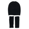 Black knit beanie and fingerless gloves set on a white background