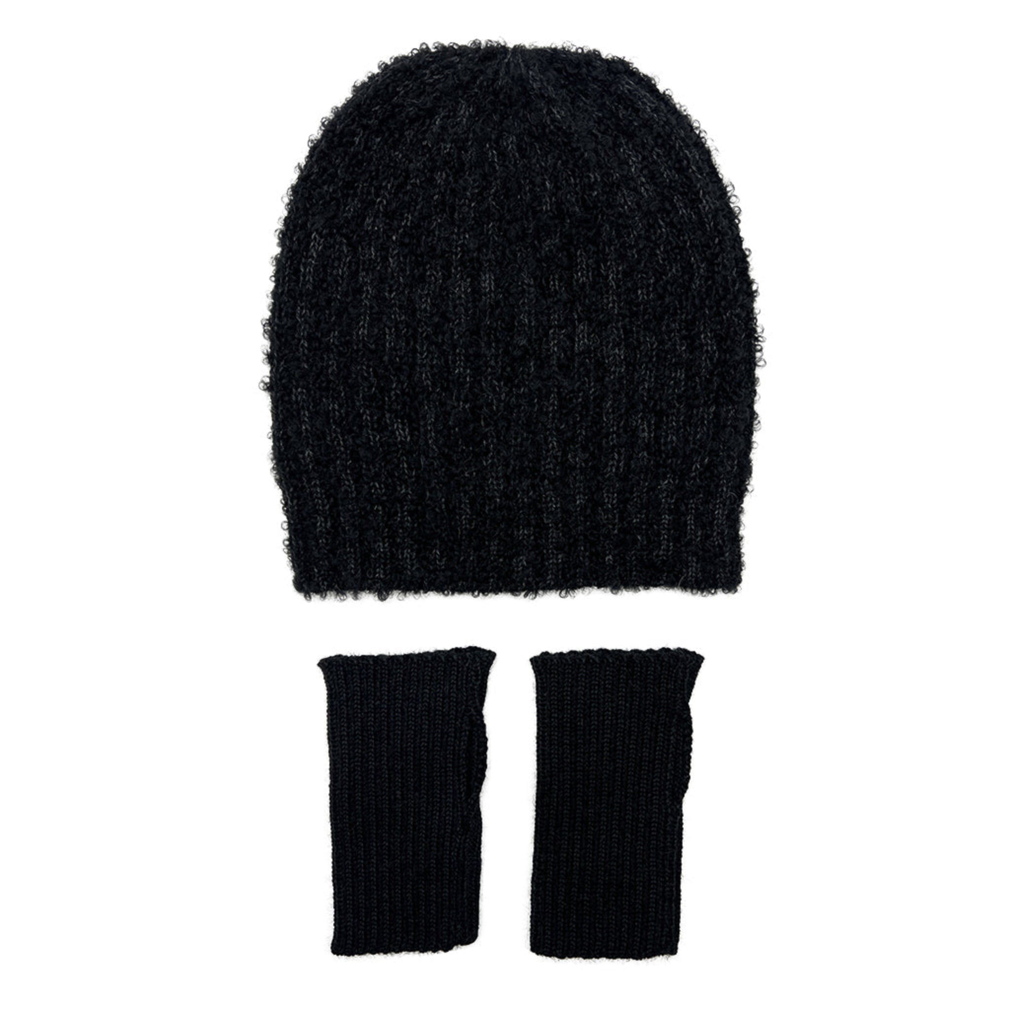 Black knit beanie and fingerless gloves set on a white background