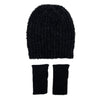 Black knit beanie and fingerless gloves set on a white background