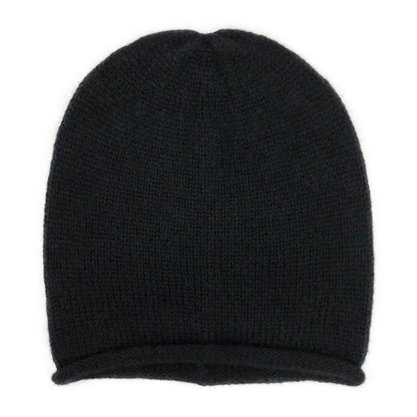 Black knit beanie on a white background