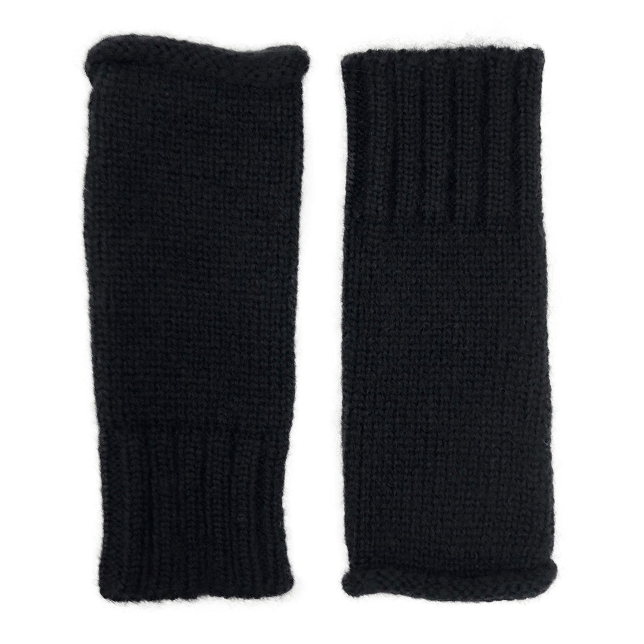 Pair of black knitted arm warmers on a white background