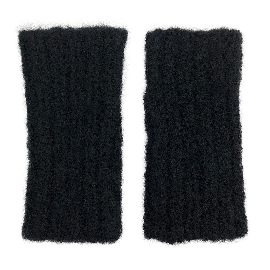 Pair of black knitted arm warmers on a white background