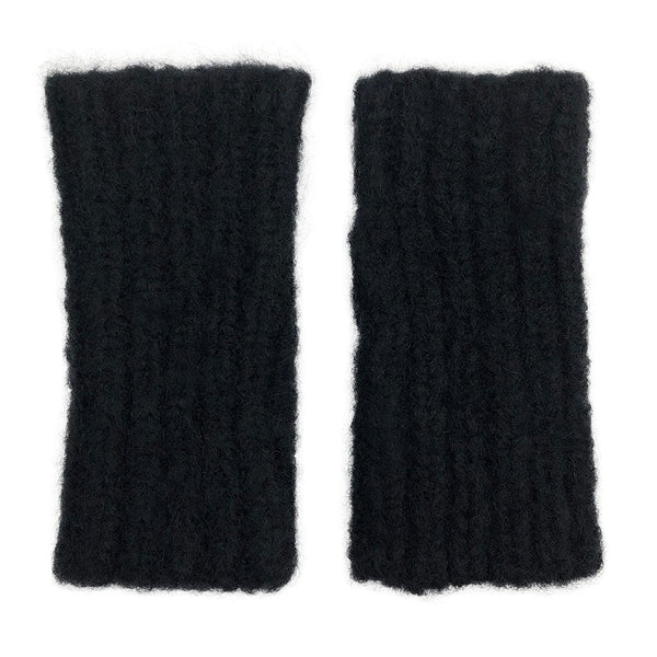 Pair of black knitted arm warmers on a white background