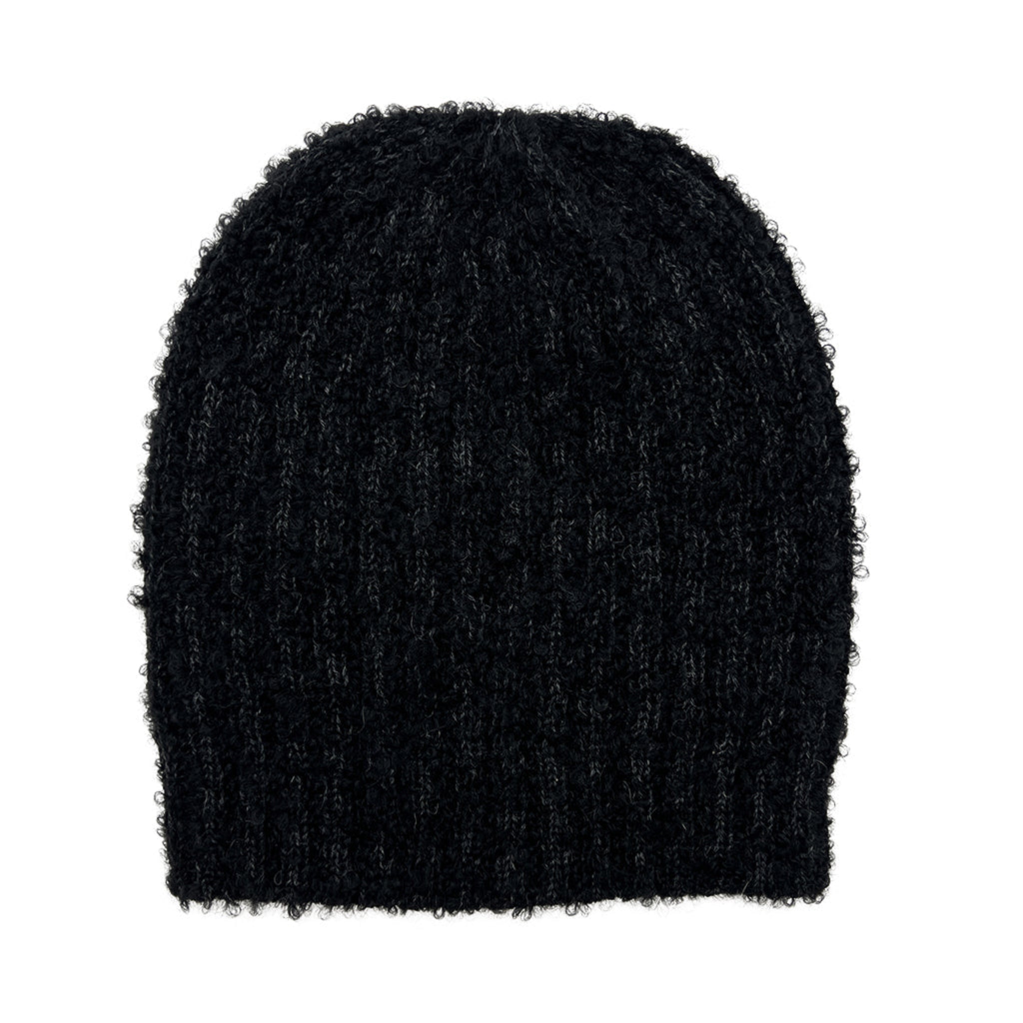 Black knit beanie on a white background