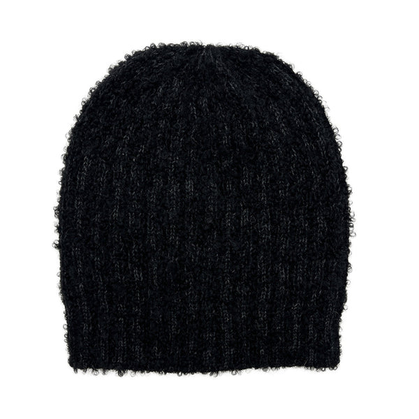 Black knit beanie on a white background