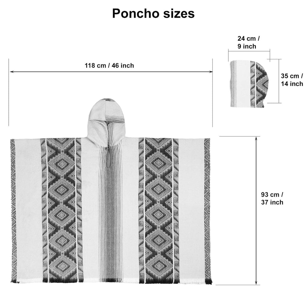 Poncho with black and white geometric pattern, shown with measurements on a white background