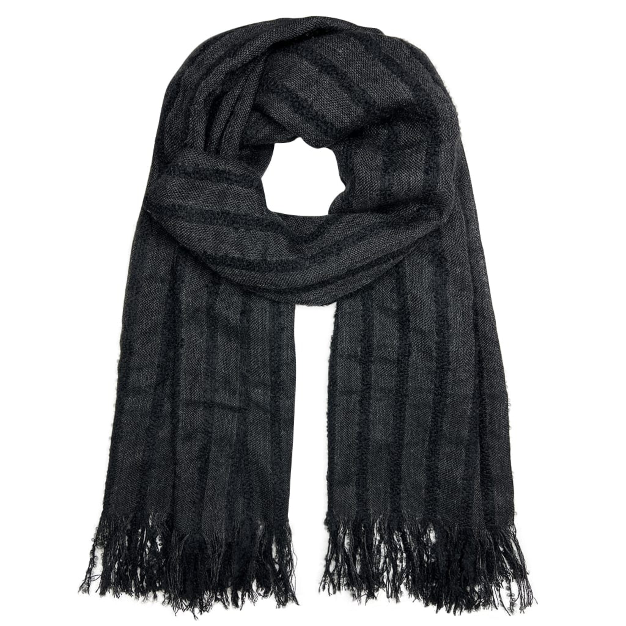 Black alpaca scarf with fringes on a white background