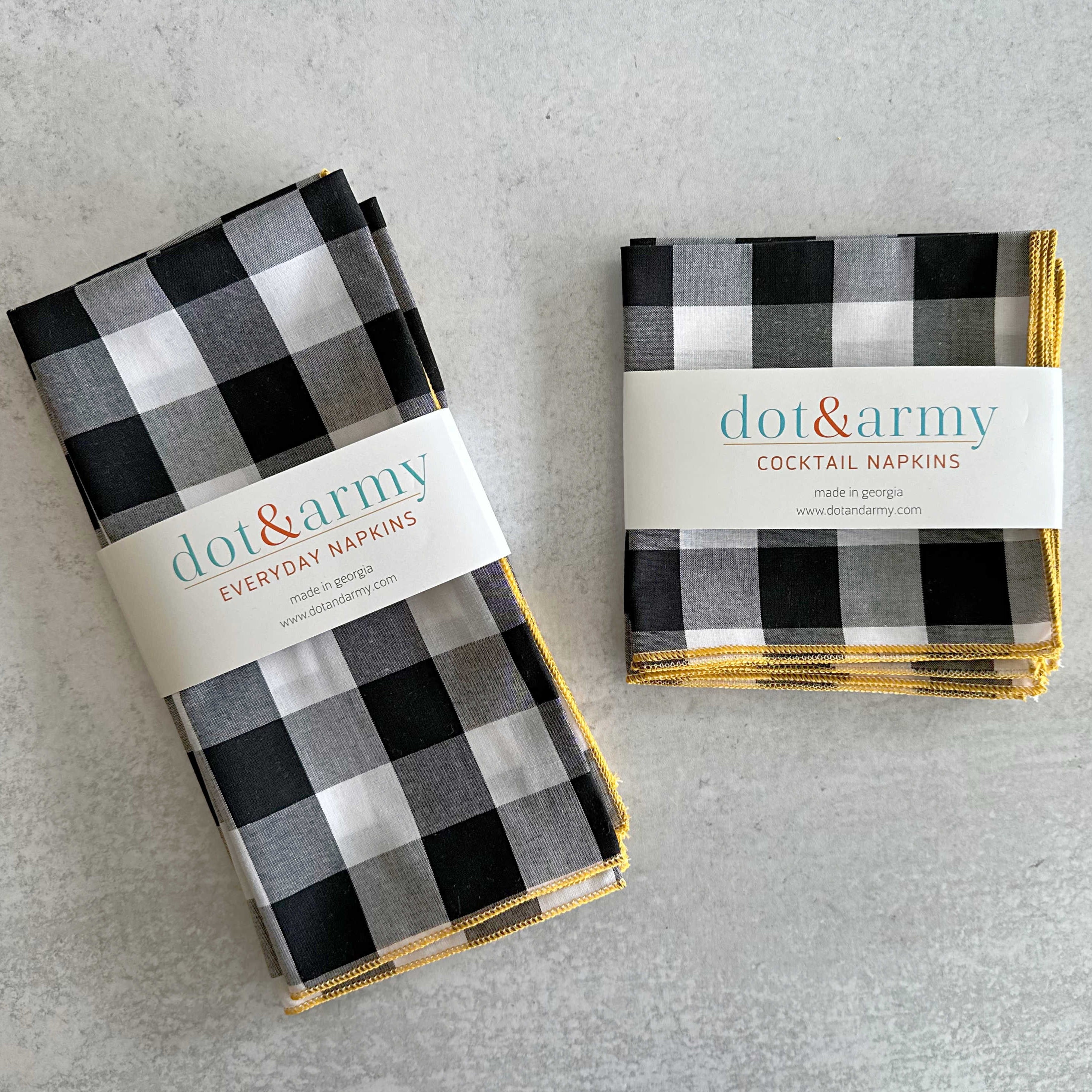 Black gingham check cloth napkins set of four with honey mustard trim