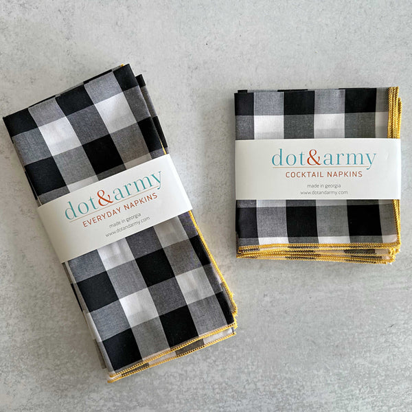 Black gingham check cloth napkins set of four with honey mustard trim