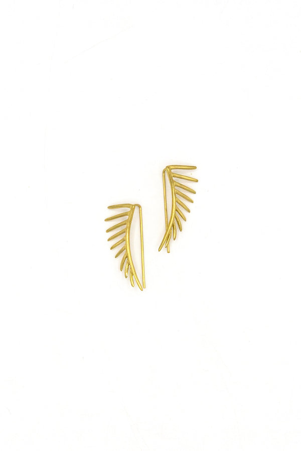 Detail shot of Black Swan Wing earring design showing e-coated recycled brass finish