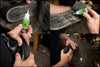 Collage of a person applying Boot-Kleen shoe polish to a black leather shoe.