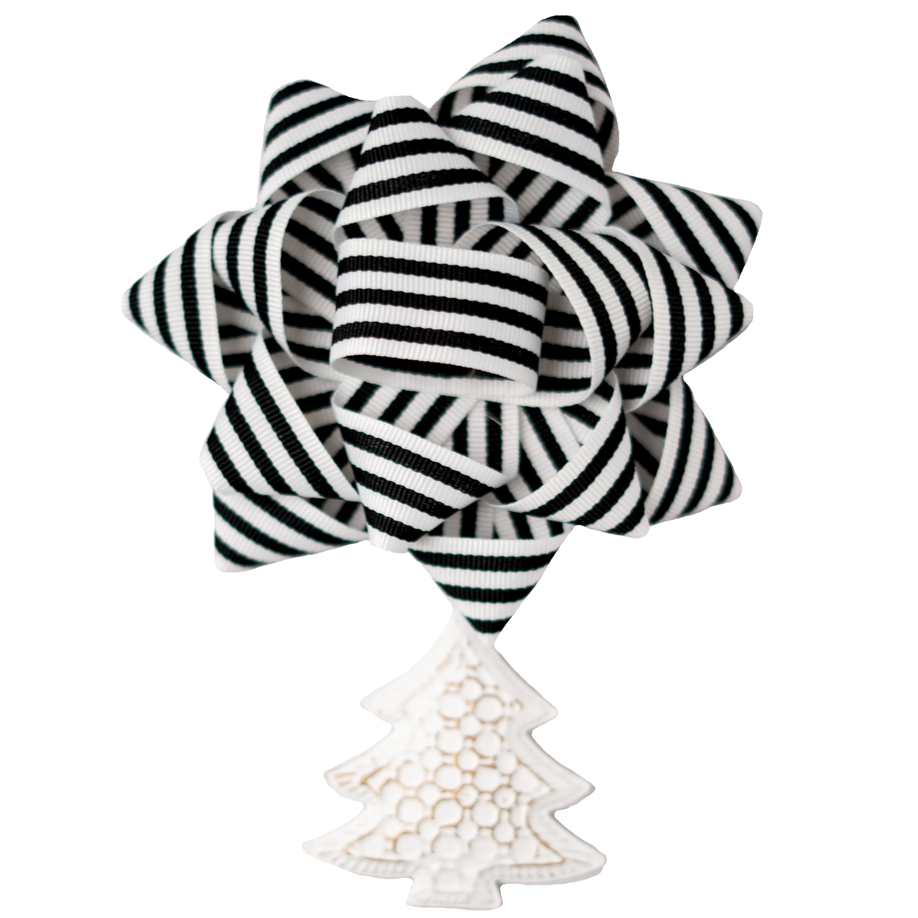 Black and white striped bow with a decorative box on a white background