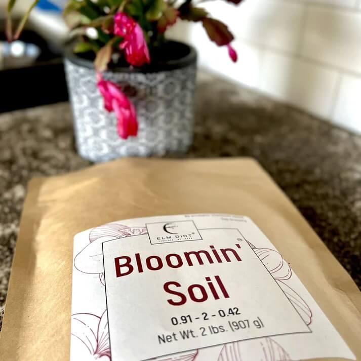 Bag of Bloomin' Soil on a table with a potted plant in the background. Bloom Power Bundle — fast-acting Bloom Juice with 150+ microbes & slow-release Bloomin' Soil for explosive flowering. More blooms, bigger color. Perfect garden gift.