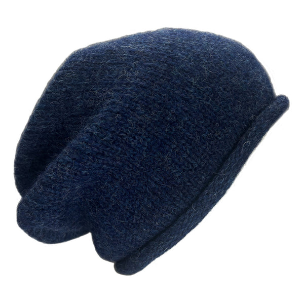 Navy blue knit beanie on a white background