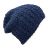 Blue knitted beanie hat on a white background