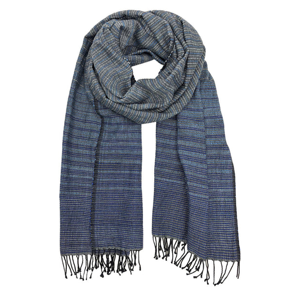 Blue striped scarf with fringes on a white background