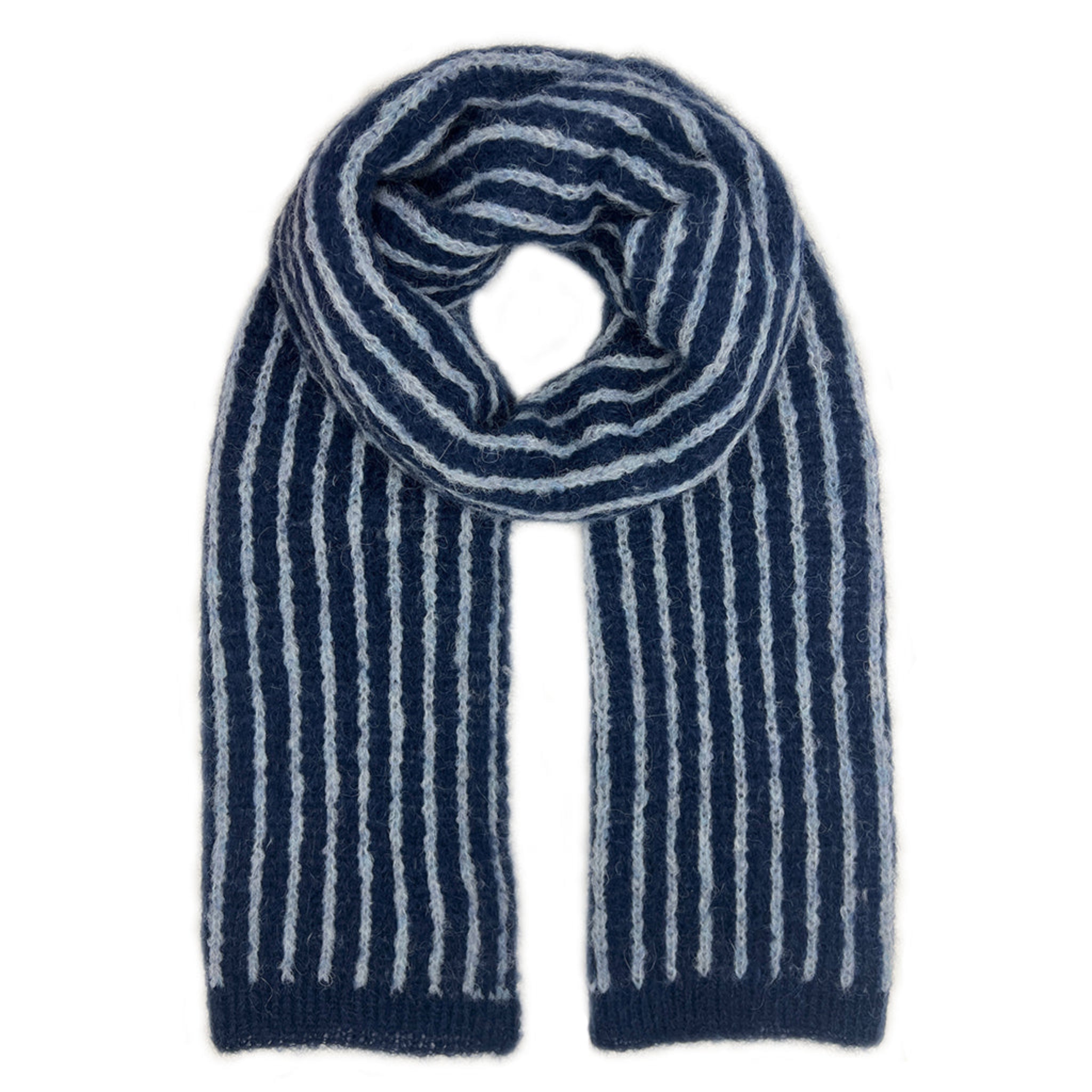 Striped blue and white alpaca scarf on a white background