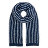 Striped blue and white alpaca scarf on a white background