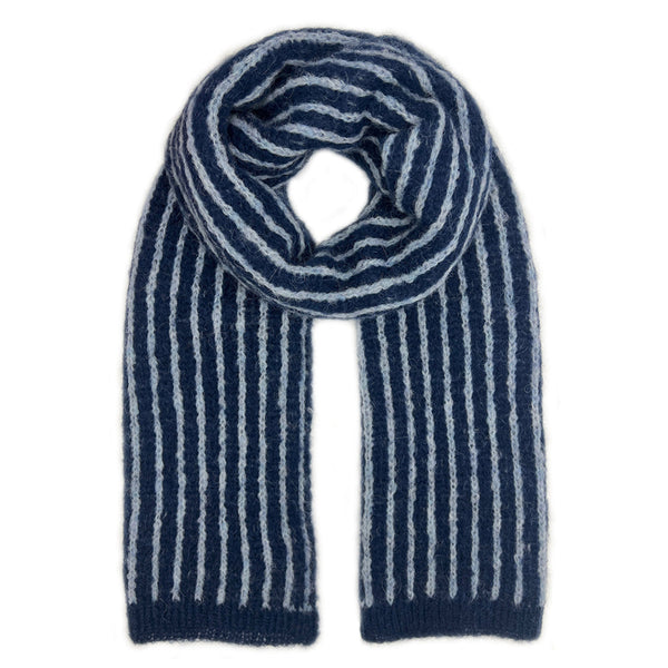 Striped blue and white alpaca scarf on a white background