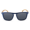 Blu Wayfinder maple wood sunglasses front view showing blue lenses and wooden frame