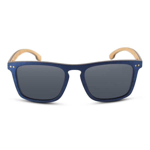 Blu Wayfinder maple wood sunglasses front view showing blue lenses and wooden frame