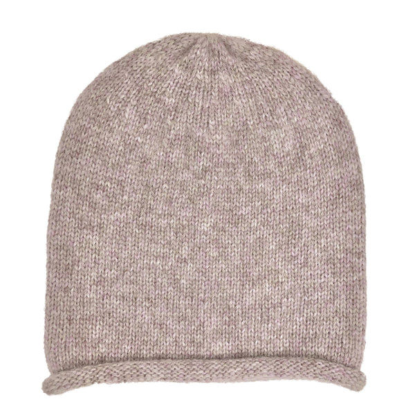 Beige knit beanie on a white background