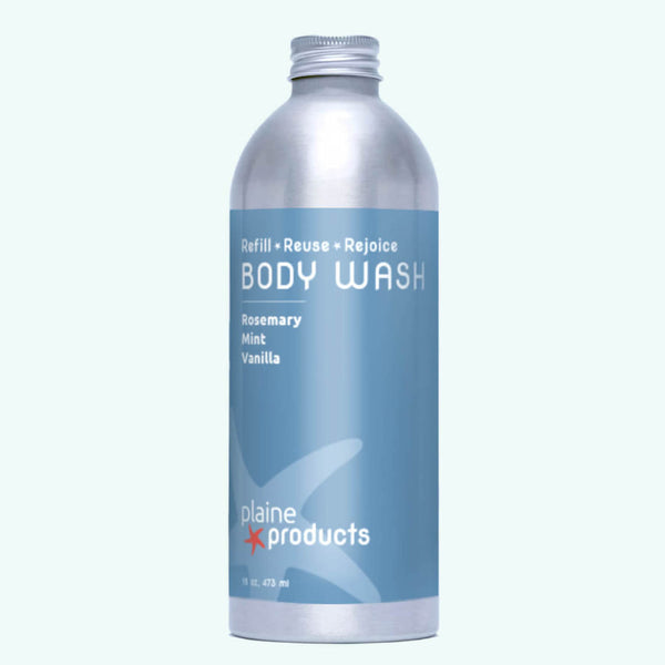 Plaine Products aloe body wash bottle on clean white background