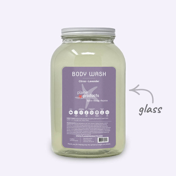 Body wash container with a label on a white background
