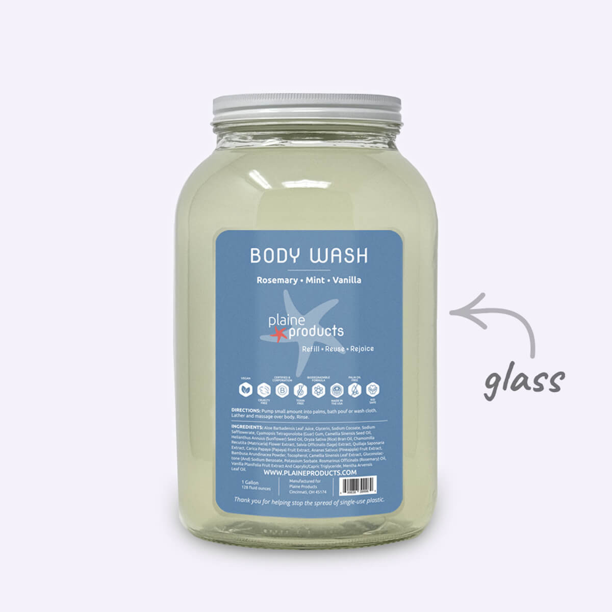 Large jar of body wash with a blue label on a white background